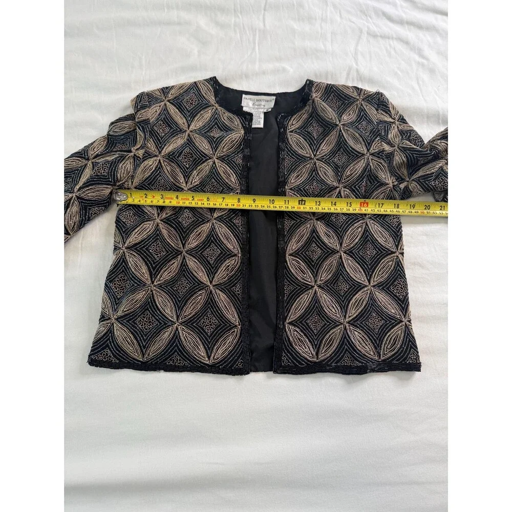 Papell Boutique Silk Beaded Art Deco Evening Jacket Black Gold Open Front Size S - Picture 10 of 13